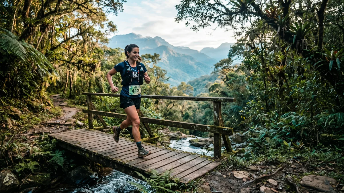 Corredora correndo em single-track de montanha durante prova de trail, com peitoral número, mochila de hidratação e expressão concentrada, paisagem de mata atlântica em segundo plano