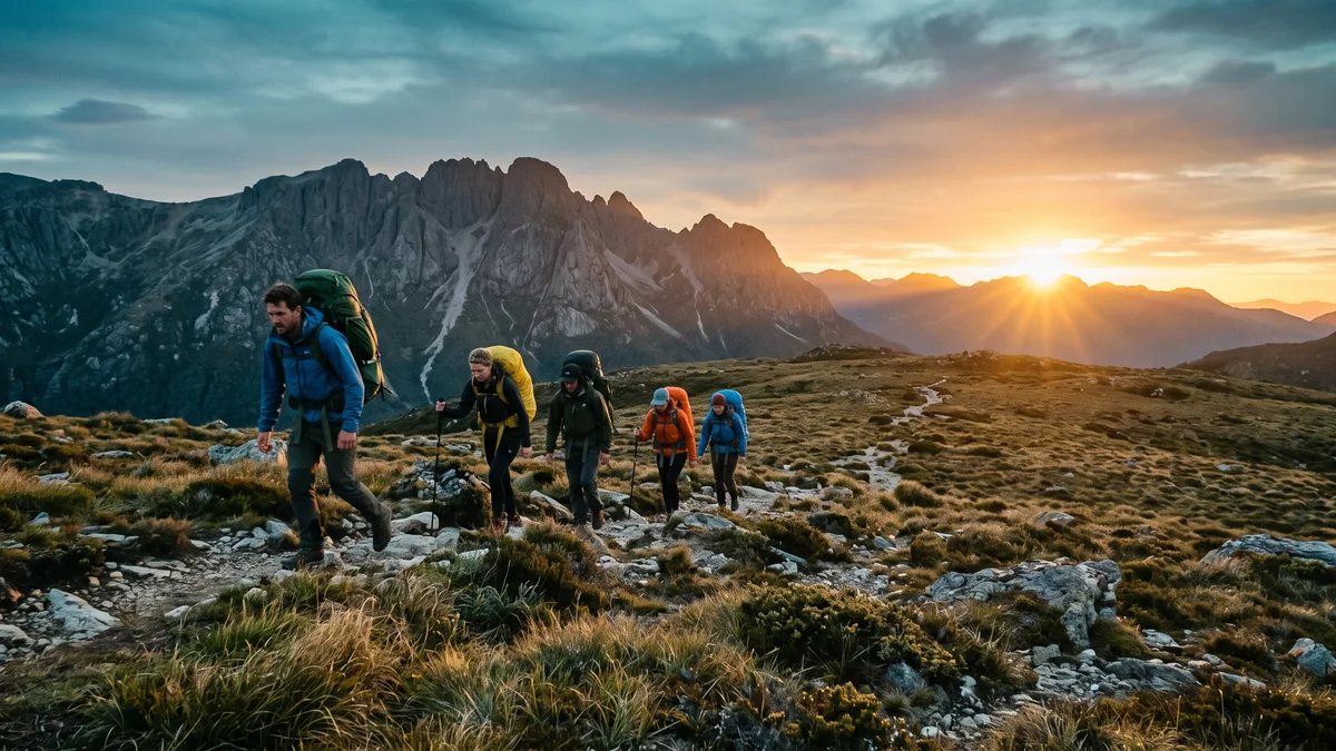 Caminhantes com mochilas cargueiras atravessando trilha de altitude em montanha no fim da tarde