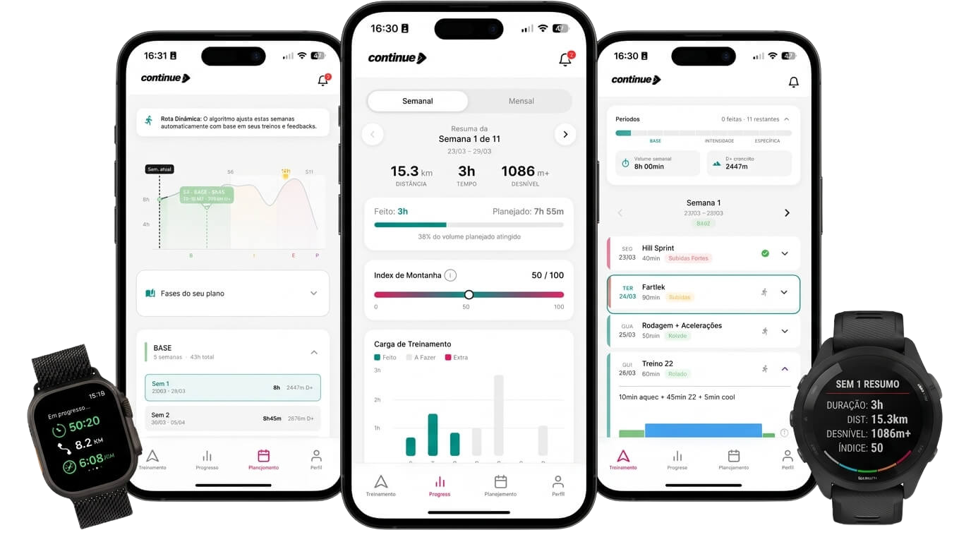 App Continue de Trail Run em iPhone e Apple Watch — planejamento, progresso e índice de montanha